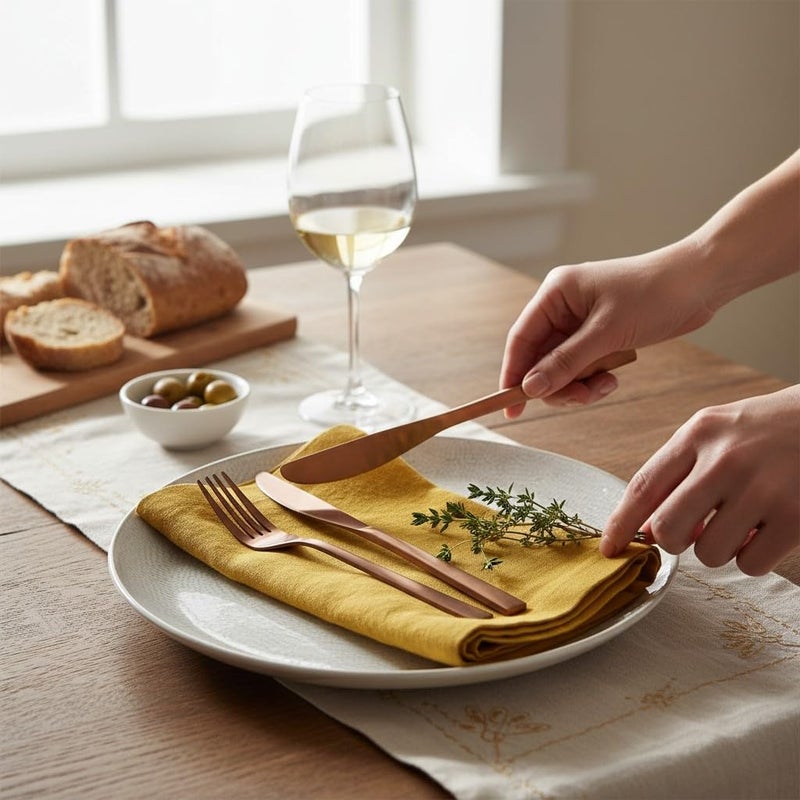 Eight Owls Linen Napkins â€“ 100% French Flax â€“ Stonewashed Pure Linen Cloth Napkins â€“ Mitered Corners â€“ Set of 4 (Mustard) - Image 3